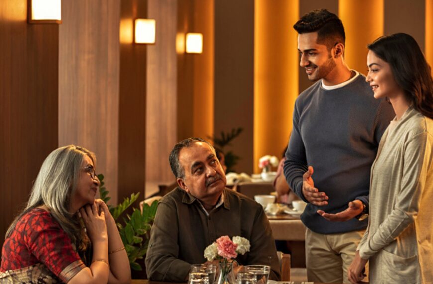 A man and woman engage in conversation with another couple at a restaurant table, reflecting modern ways lanka brides and grooms connect through marriage proposals in Sri Lanka, Mangala Yojana traditions, wedding proposal website options like poruwa.lk | ශ්‍රී ලාංකීය මංගල යෝජනා, Liyathabara marriage proposals in Sri Lanka, Catholic and Buddhist matrimony, Hitad marriage proposals, Purahanda LK, SriLanka matrimony, and trusted LankaMatrimony services.