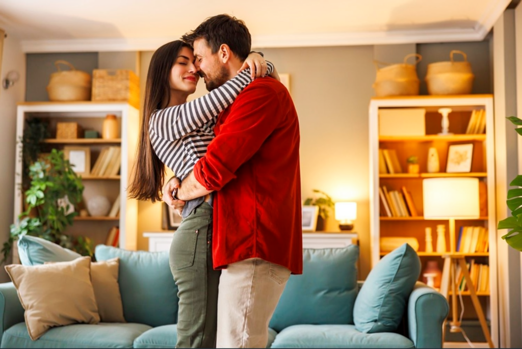 A loving couple embraces in a cozy living room surrounded by bookshelves and indoor plants, with soft lighting creating a warm and intimate atmosphere. The image symbolizes love, trust, emotional connection, and a strong lifelong relationship built through a trusted wedding proposal website. It represents mangala yojana, marriage proposal sri lanka, marriage proposals in sri lanka, marriage proposals sri lanka, marriage proposals, matrimony sri lanka, and srilanka matrimony. The concept also highlights poruwa.lk | ශ්‍රී ලාංකීය මංගල යෝජනා, where lanka brides and grooms can find genuine and compatible life partners while honoring the traditions of the poruwa ceremony. It also reflects modern matchmaking platforms including lankamatrimony, liyathabara marriage proposal, liyathabara marriage proposals in sri lanka, catholic marriage proposals, buddhist matrimony, hitad marriage proposals, and purahanda lk.