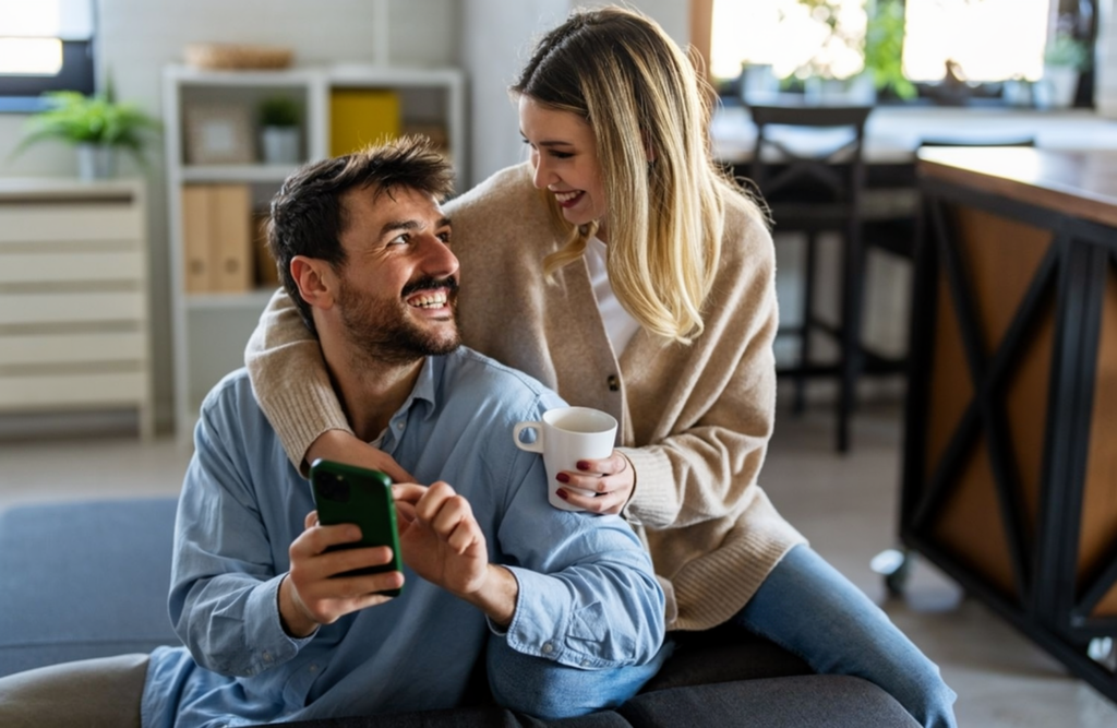 A smiling couple sitting together on a couch in a cozy living room, with the man holding a smartphone and the woman holding a white mug, symbolizing comfort, companionship, trust, and a strong emotional bond in a modern relationship. The image represents couples connecting and building meaningful relationships through a trusted wedding proposal website and modern mangala yojana services. It reflects marriage proposal Sri Lanka, marriage proposals in Sri Lanka, marriage proposals Sri Lanka, marriage proposals, matrimony Sri Lanka, and srilanka matrimony. The concept also highlights poruwa.lk | ශ්‍රී ලාංකීය මංගල යෝජනා, a trusted platform where lanka brides and grooms can find genuine matches, along with traditional values of the poruwa ceremony and matchmaking services including lankamatrimony, liyathabara marriage proposal, liyathabara marriage proposals in Sri Lanka, catholic marriage proposals, buddhist matrimony, hitad marriage proposals, and purahanda lk.