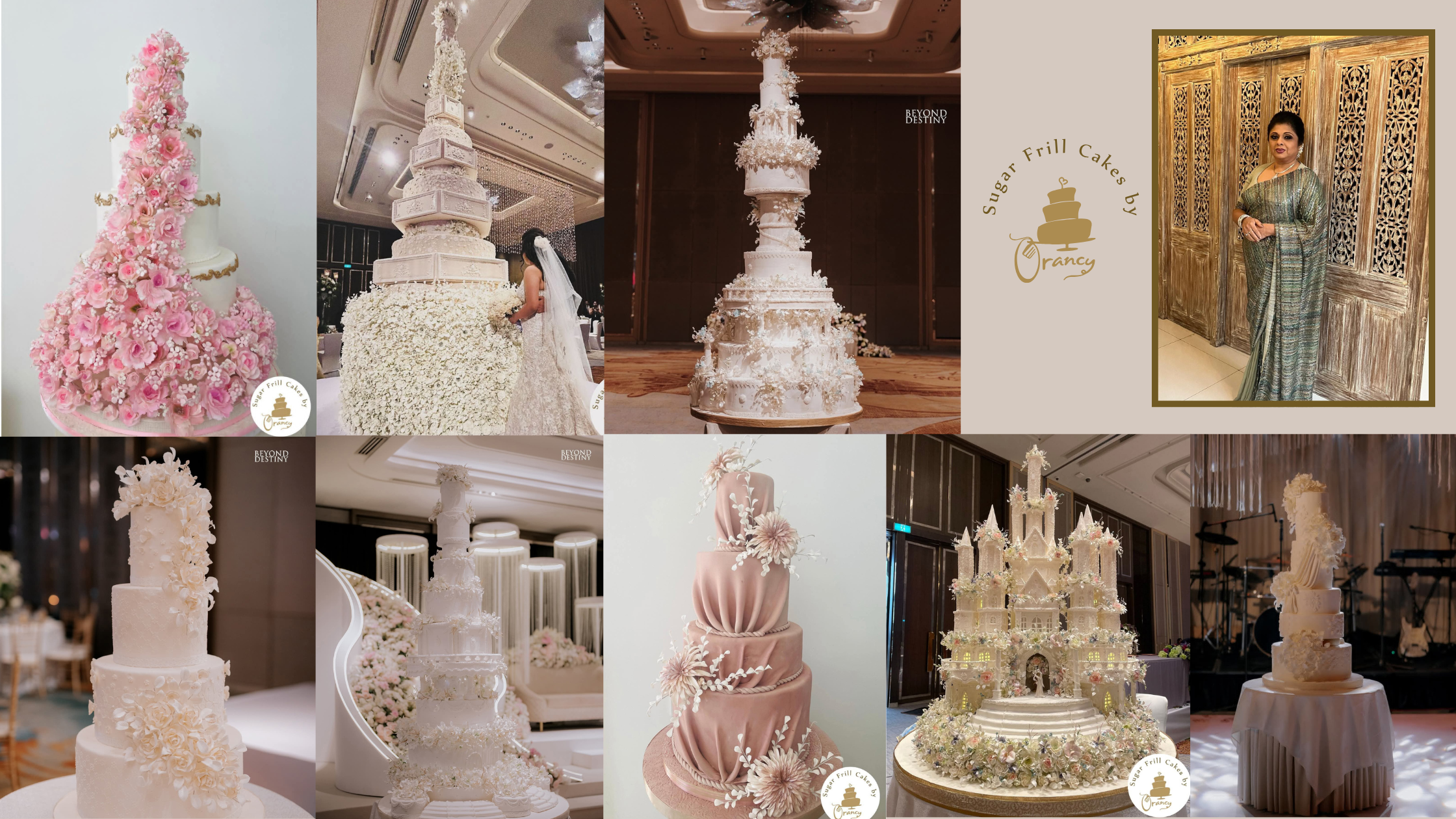 Collage showcasing elegant wedding cakes with creative designs, ideal for weddings, marriage celebrations, and Poruwa ceremonies in Sri Lanka.