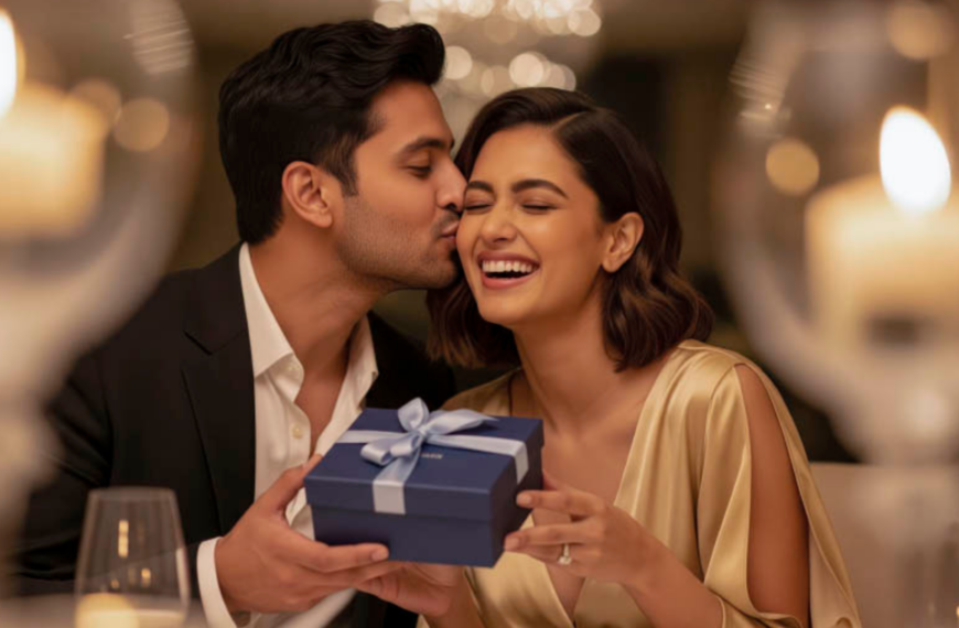 A couple is enjoying a romantic wedding anniversary dinner with flowers, candles, and fine dining setup.