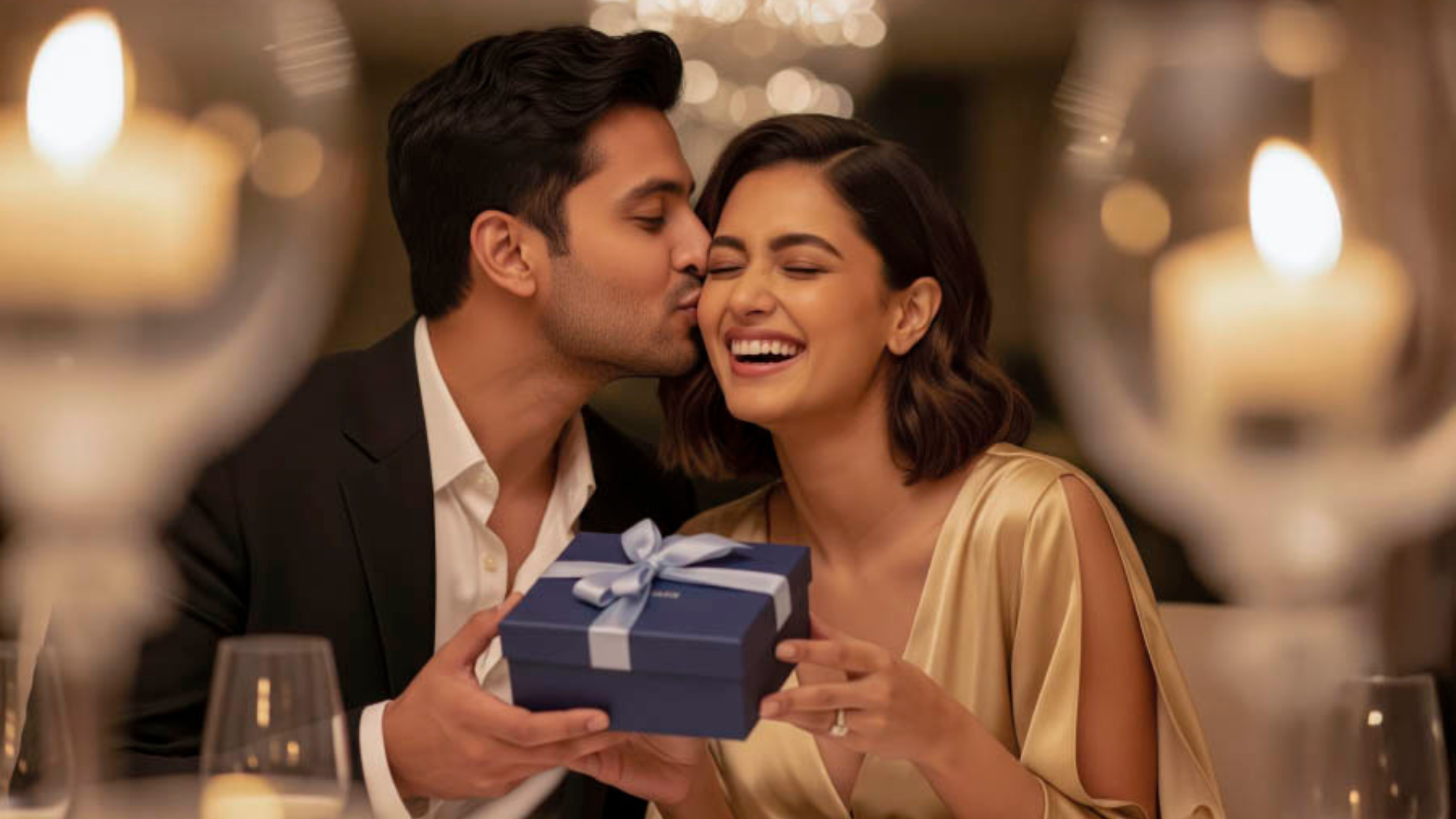 A couple is enjoying a romantic wedding anniversary dinner with flowers, candles, and fine dining setup.