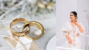 A bride in a white dress holding gold wedding rings, representing Sri Lankan wedding traditions, poruwa ceremony, and mangala yojana celebrations.