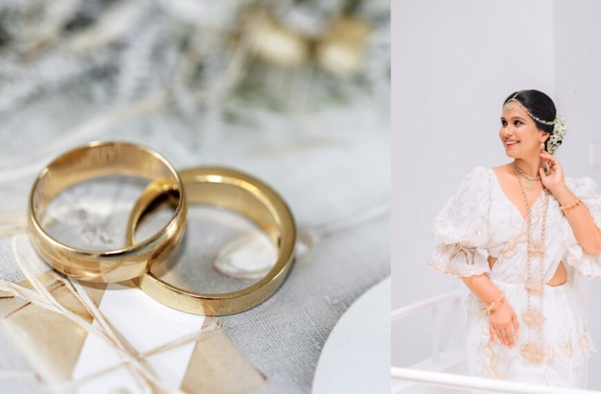 A bride in a white dress holding gold wedding rings, representing Sri Lankan wedding traditions, poruwa ceremony, and mangala yojana celebrations.
