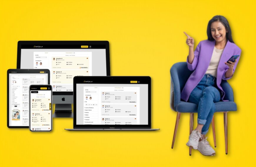 A Sri Lankan woman using a laptop and mobile phone to explore a wedding proposal website, searching for mangala yojana and online marriage proposals in Sri Lanka.