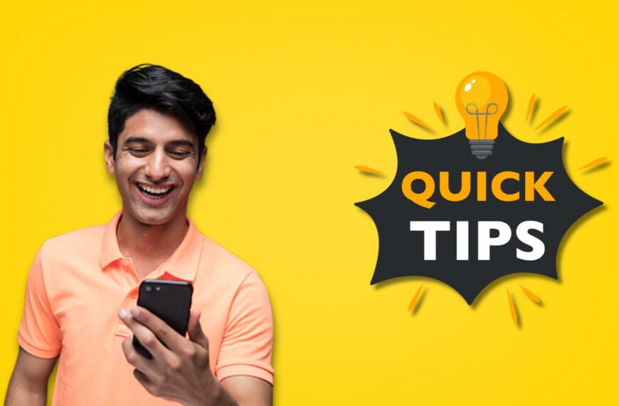 A smiling man in a peach polo shirt looking at his phone, alongside a “Quick Tips” light bulb graphic on a yellow background, representing helpful tips, mobile usage, and easy online guidance.