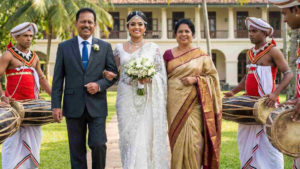 A bride and groom walk down the aisle, flanked by their family, celebrating their union in a joyful ceremony.