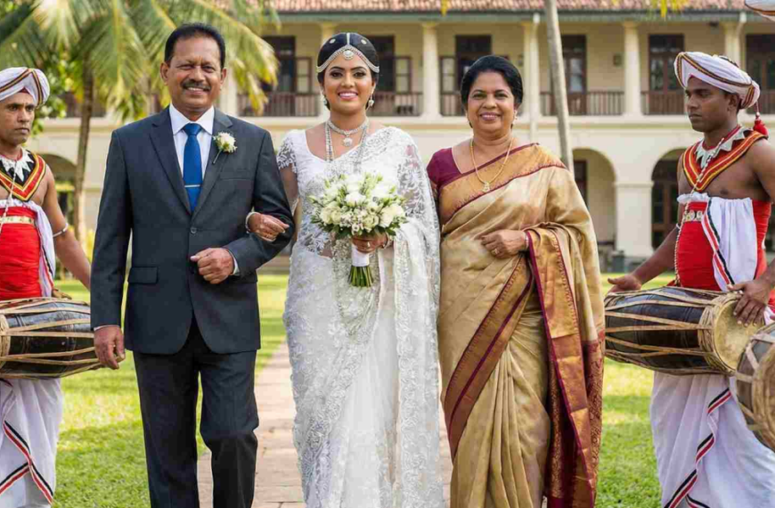 A bride and groom walk down the aisle, flanked by their family, celebrating their union in a joyful ceremony.