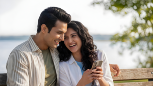 A couple sits on a bench, both focused on their phone, sharing a moment together in a public space.