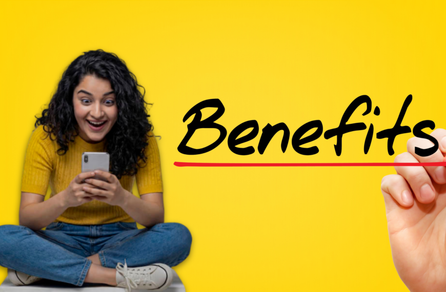 A woman in a yellow shirt and jeans, seated cross-legged, excitedly looks at her phone against a yellow background. The word "Benefits" is bolded and underlined in red.
