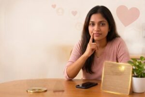A thoughtful Sri Lankan woman sits at a table with a smartphone, interlocking gold hearts, and a red warning sign. A "Be Safe" shield icon emphasizes safety awareness, helping users detect fake profiles on a matrimony Sri Lanka website or when evaluating a marriage proposal Sri Lanka format.