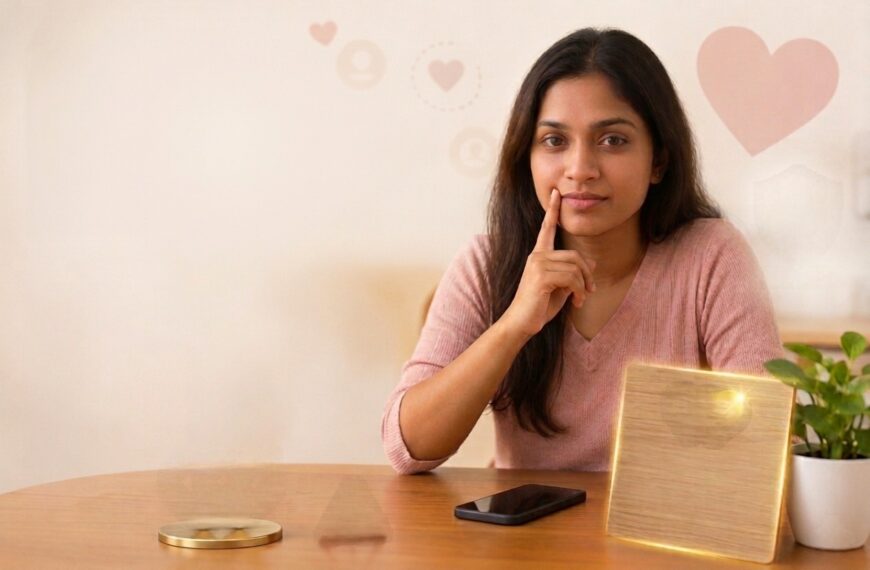 A thoughtful Sri Lankan woman sits at a table with a smartphone, interlocking gold hearts, and a red warning sign. A "Be Safe" shield icon emphasizes safety awareness, helping users detect fake profiles on a matrimony Sri Lanka website or when evaluating a marriage proposal Sri Lanka format.