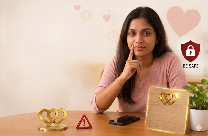 A thoughtful Sri Lankan woman sits at a table with a smartphone, interlocking gold hearts, and a red warning sign. A "Be Safe" shield icon emphasizes safety awareness, helping users detect fake profiles on a matrimony Sri Lanka website or when evaluating a marriage proposal Sri Lanka format.