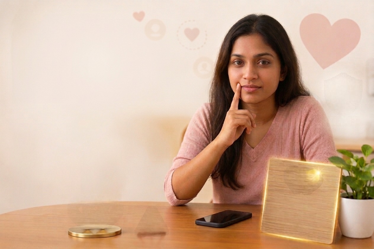 A thoughtful Sri Lankan woman sits at a table with a smartphone, interlocking gold hearts, and a red warning sign. A "Be Safe" shield icon emphasizes safety awareness, helping users detect fake profiles on a matrimony Sri Lanka website or when evaluating a marriage proposal Sri Lanka format.