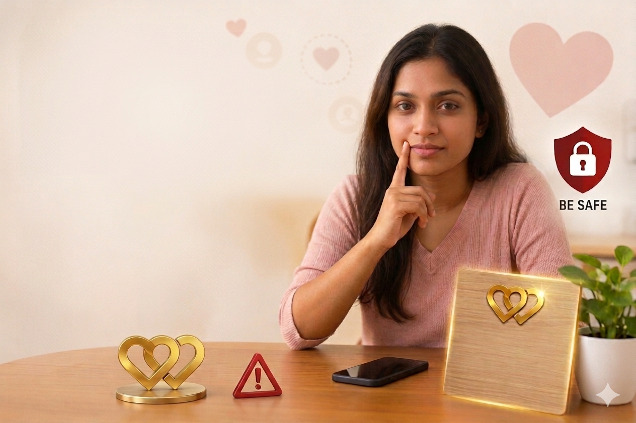 A thoughtful Sri Lankan woman sits at a table with a smartphone, interlocking gold hearts, and a red warning sign. A "Be Safe" shield icon emphasizes safety awareness, helping users detect fake profiles on a matrimony Sri Lanka website or when evaluating a marriage proposal Sri Lanka format.
