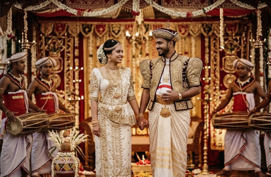A joyful modern couple holds hands during a traditional Sri Lankan wedding ceremony in a natural outdoor garden setting. The bride wears a stunning white Osariya, and the groom is in Nilame attire, surrounded by traditional Kandyan drummers for a beautiful Poruwa ceremony.