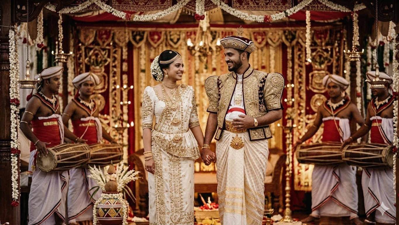 A joyful modern couple holds hands during a traditional Sri Lankan wedding ceremony in a natural outdoor garden setting. The bride wears a stunning white Osariya, and the groom is in Nilame attire, surrounded by traditional Kandyan drummers for a beautiful Poruwa ceremony.