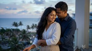 A couple embracing on a balcony overlooking a beach at sunset, with the woman smiling softly while the man gently rests his head on hers, symbolizing love, warmth, and affection in Sri Lankan matrimony, matrimony Sri Lanka, marriage proposal Sri Lanka, marriage proposals in Sri Lanka, marriage proposals Sri Lanka, mangala yojana, and meaningful relationships formed through trusted wedding proposal website services like Poruwa.lk | ශ්‍රී ලාංකීය මංගල යෝජනා.