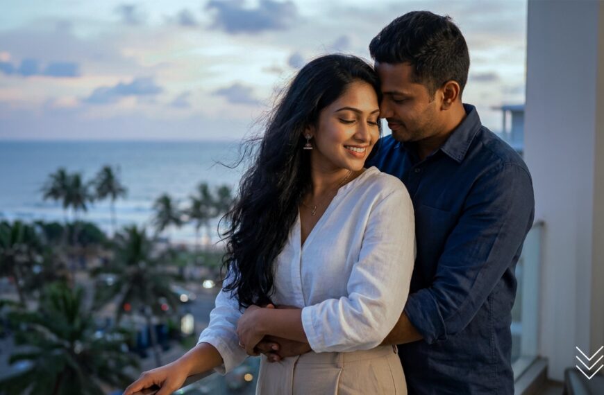 A couple embracing on a balcony overlooking a beach at sunset, with the woman smiling softly while the man gently rests his head on hers, symbolizing love, warmth, and affection in Sri Lankan matrimony, matrimony Sri Lanka, marriage proposal Sri Lanka, marriage proposals in Sri Lanka, marriage proposals Sri Lanka, mangala yojana, and meaningful relationships formed through trusted wedding proposal website services like Poruwa.lk | ශ්රී ලාංකීය මංගල යෝජනා.