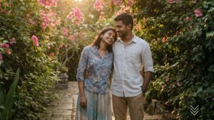 A couple walking arm in arm along a garden path surrounded by vibrant pink flowers under warm sunlight, creating a serene romantic atmosphere, representing Sri Lankan matrimony, matrimony Sri Lanka, marriage proposals in Sri Lanka, marriage proposal Sri Lanka, mangala yojana, wedding proposal website services, and meaningful relationships through Poruwa.lk.
