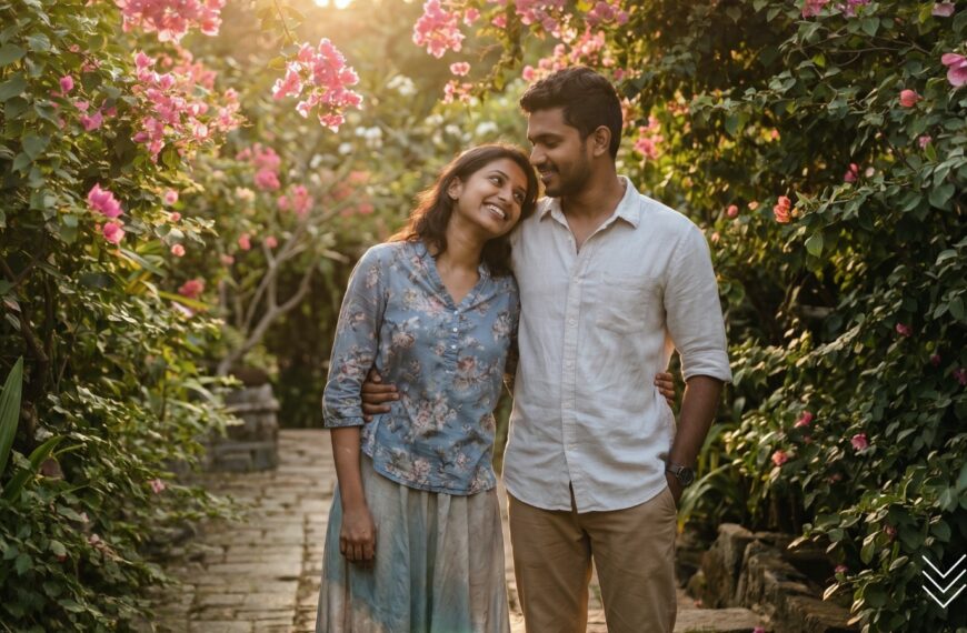 A couple walking arm in arm along a garden path surrounded by vibrant pink flowers under warm sunlight, creating a serene romantic atmosphere, representing Sri Lankan matrimony, matrimony Sri Lanka, marriage proposals in Sri Lanka, marriage proposal Sri Lanka, mangala yojana, wedding proposal website services, and meaningful relationships through Poruwa.lk.