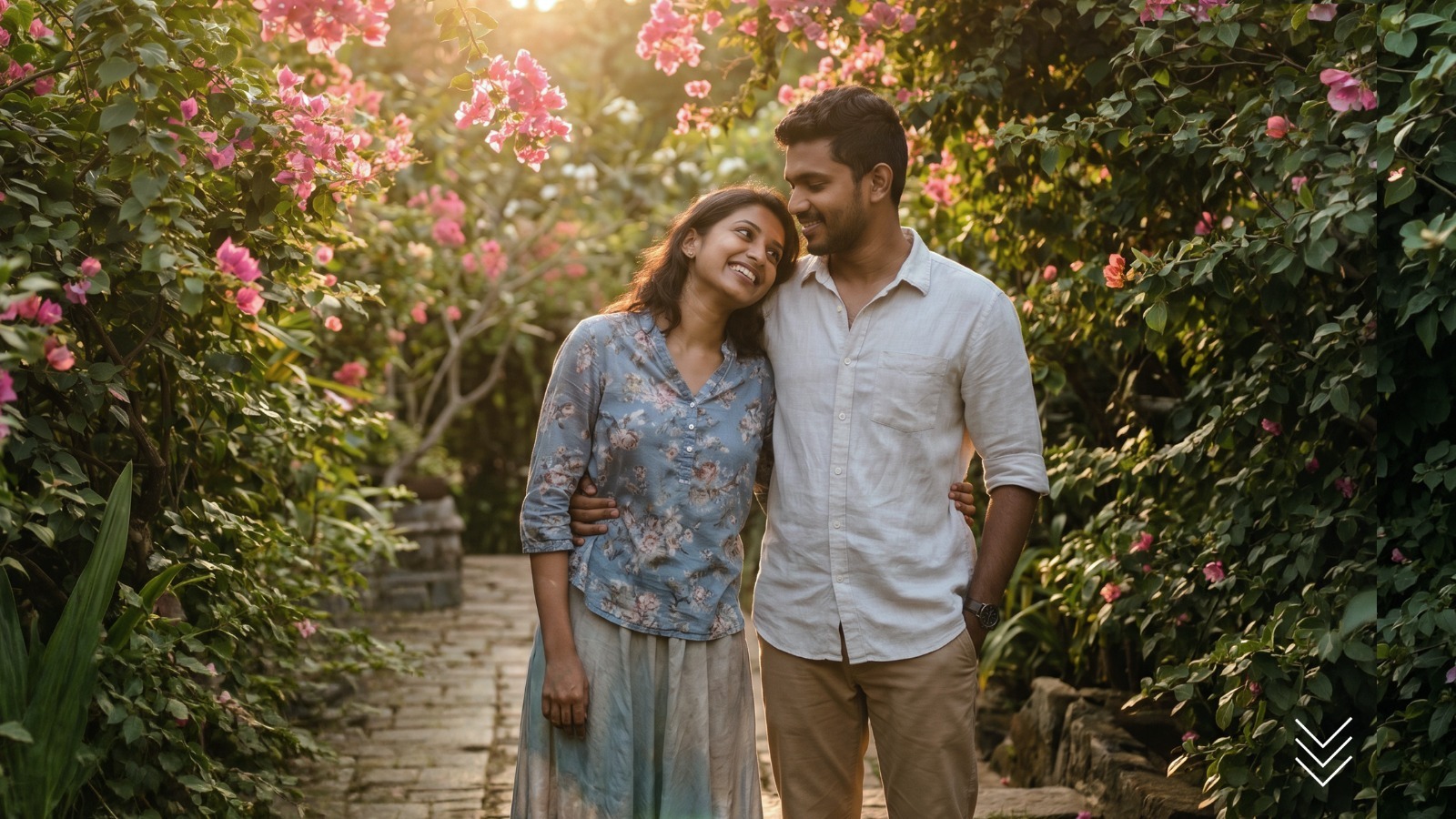A couple walking arm in arm along a garden path surrounded by vibrant pink flowers under warm sunlight, creating a serene romantic atmosphere, representing Sri Lankan matrimony, matrimony Sri Lanka, marriage proposals in Sri Lanka, marriage proposal Sri Lanka, mangala yojana, wedding proposal website services, and meaningful relationships through Poruwa.lk.
