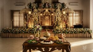 Elegant wedding table set with a variety of food dishes and a vibrant floral centerpiece, showcasing luxury Sri Lankan wedding receptions featured on Poruwa.lk | ශ්රී ලාංකීය මංගල යෝජනා, a trusted wedding proposal website for mangala yojana, marriage proposals in Sri Lanka, matrimony Sri Lanka, poruwa ceremony celebrations, Lanka brides and grooms, Buddhist matrimony, and Catholic marriage proposals.