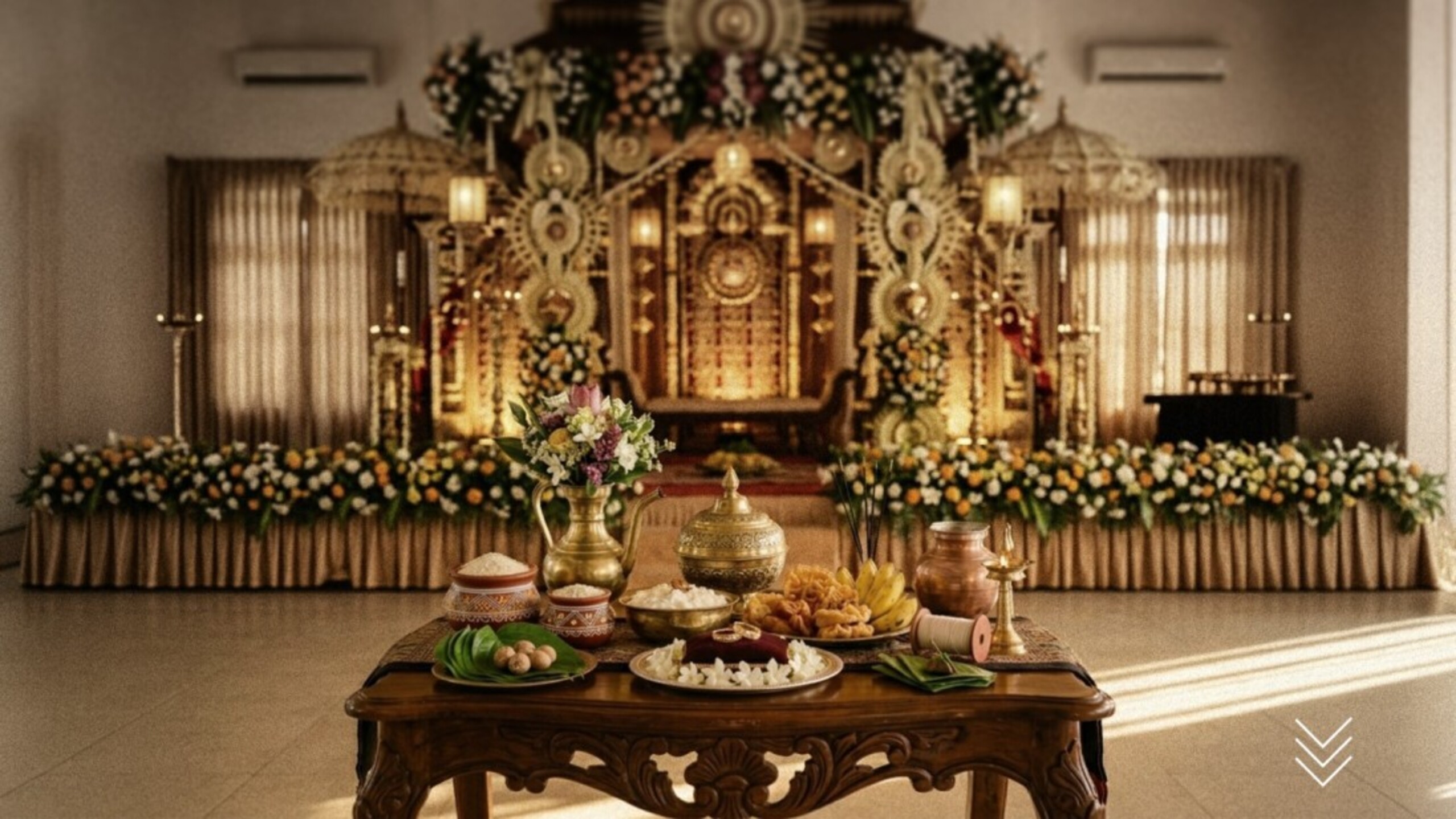 A table set with an array of food dishes and a vibrant bouquet of flowers as a centerpiece.