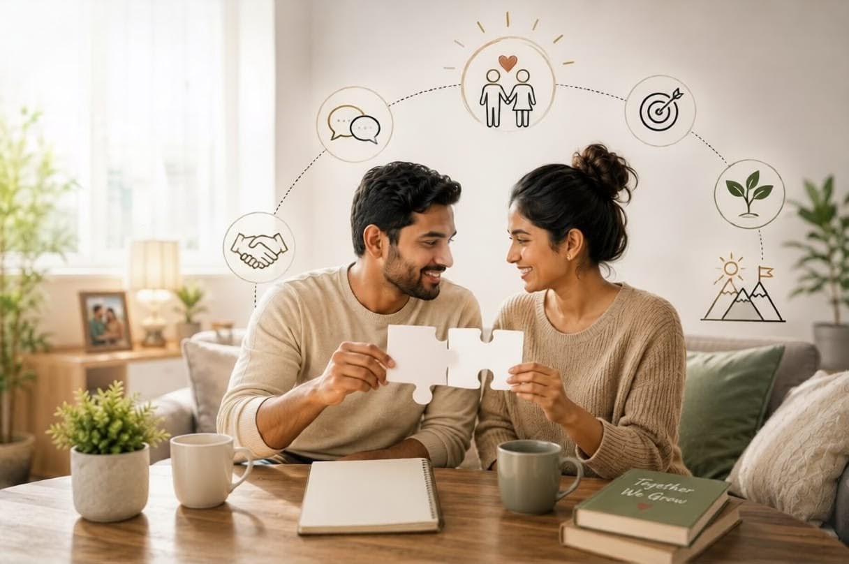 A smiling couple holds puzzle pieces together in a cozy living room while icons representing love, communication, trust, and shared goals float above them, symbolizing unity, teamwork, and a strong marital relationship. The image represents couples building lasting partnerships through a trusted wedding proposal website and modern mangala yojana services. It reflects marriage proposal sri lanka, marriage proposals in sri lanka, marriage proposals sri lanka, marriage proposals, matrimony sri lanka, and srilanka matrimony. The concept also highlights poruwa.lk | ශ්රී ලාංකීය මංගල යෝජනා, traditional values associated with the poruwa ceremony, and modern matchmaking platforms including lankamatrimony, liyathabara marriage proposal, liyathabara marriage proposals in sri lanka, catholic marriage proposals, buddhist matrimony, hitad marriage proposals, purahanda lk, and lanka brides and grooms seeking genuine, compatible, and lifelong relationships.