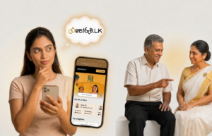 Happy Sri Lankan parents having a cheerful conversation about Poruwa.lk | ශ්‍රී ලාංකීය මංගල යෝජනා matrimonial service while their daughter thoughtfully considers finding a life partner through the platform.