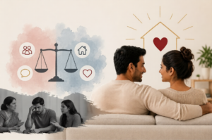 A couple sits on a couch smiling at each other beneath a heart inside a house symbol, representing a healthy, loving relationship, while a balance scale with communication, community, home, and love icons symbolizes harmony and emotional balance in marriage. Below, a stressed man speaking with two people highlights the challenges couples may face and the importance of support and understanding. The image represents a trusted wedding proposal website, modern mangala yojana services, marriage proposal sri lanka, marriage proposals in sri lanka, marriage proposals sri lanka, marriage proposals, matrimony sri lanka, and srilanka matrimony. It also reflects poruwa.lk | ශ්රී ලාංකීය මංගල යෝජනා, the traditional values of the poruwa ceremony, and matchmaking platforms including lankamatrimony, liyathabara marriage proposal, liyathabara marriage proposals in sri lanka, catholic marriage proposals, buddhist matrimony, hitad marriage proposals, purahanda lk, and lanka brides and grooms seeking genuine and lifelong partnerships.