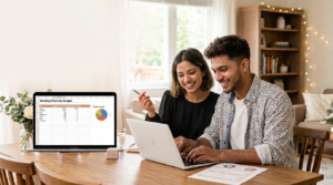 A Sri Lankan couple discussing marriage proposals and relationship goals while collaborating on a laptop, representing modern matrimony Sri Lanka services, wedding proposal websites, and finding a suitable life partner through Sri Lankan mangala yojana platforms like Poruwa.lk