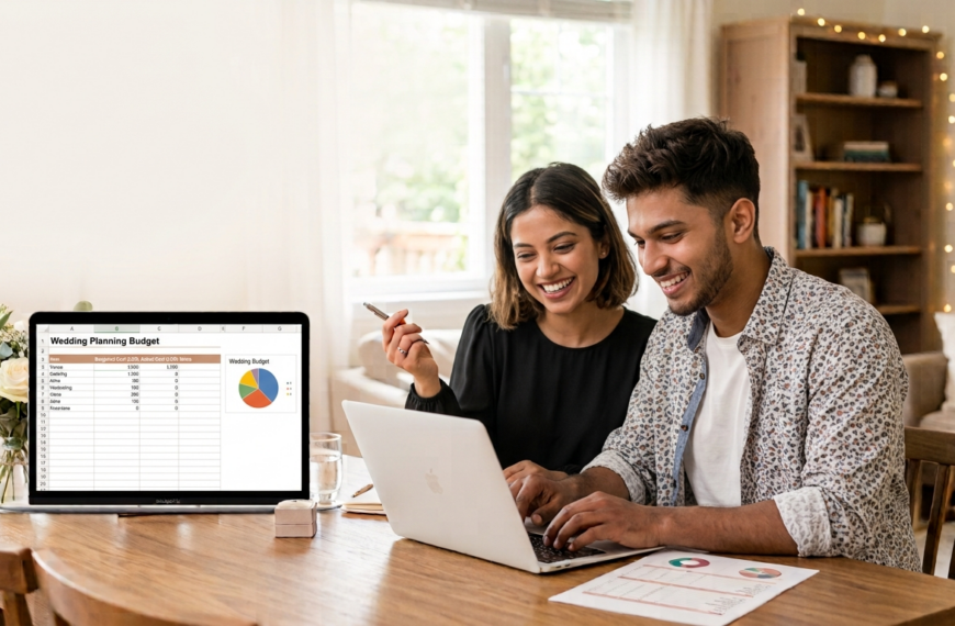 A Sri Lankan couple discussing marriage proposals and relationship goals while collaborating on a laptop, representing modern matrimony Sri Lanka services, wedding proposal websites, and finding a suitable life partner through Sri Lankan mangala yojana platforms like Poruwa.lk