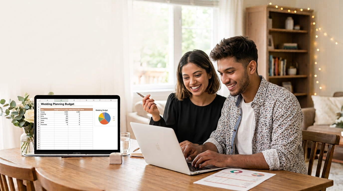 A Sri Lankan couple discussing marriage proposals and relationship goals while collaborating on a laptop, representing modern matrimony Sri Lanka services, wedding proposal websites, and finding a suitable life partner through Sri Lankan mangala yojana platforms like Poruwa.lk