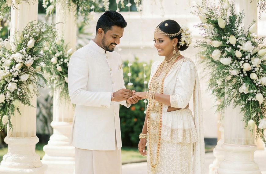 A photographer capturing a Kerala wedding ceremony featuring a bride and groom in traditional attire, surrounded by vibrant floral decorations, cultural rituals, and a beautifully arranged wedding setting.
