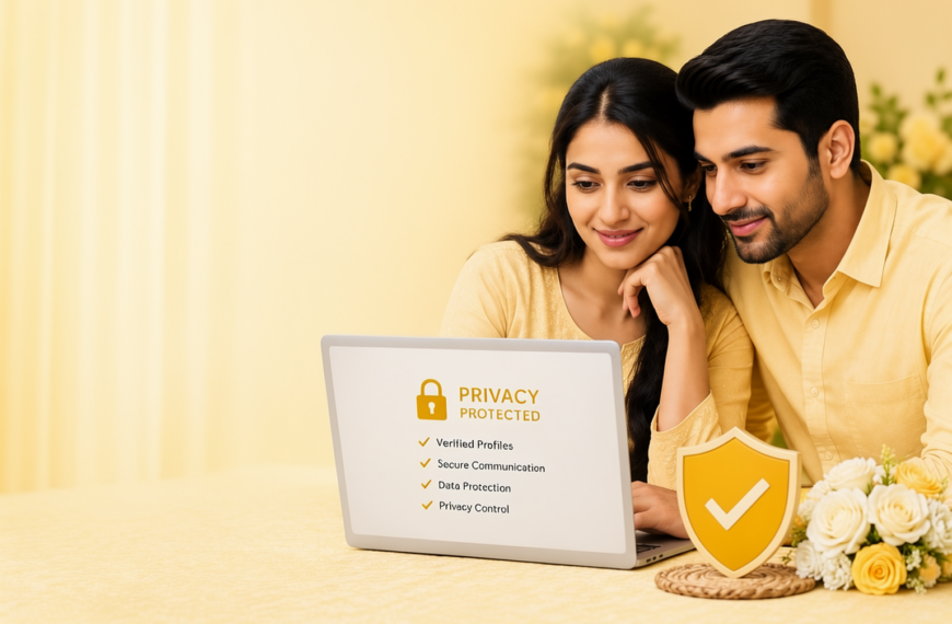 A couple sitting together using a laptop with a padlock symbolizing online security and privacy while browsing a trusted wedding proposal website for marriage proposals in Sri Lanka. The image represents secure Sri Lanka matrimony, mangala yojana, Buddhist matrimony, Liyathabara marriage proposals in Sri Lanka, Poruwa.lk, and a safe platform connecting Lanka brides and grooms