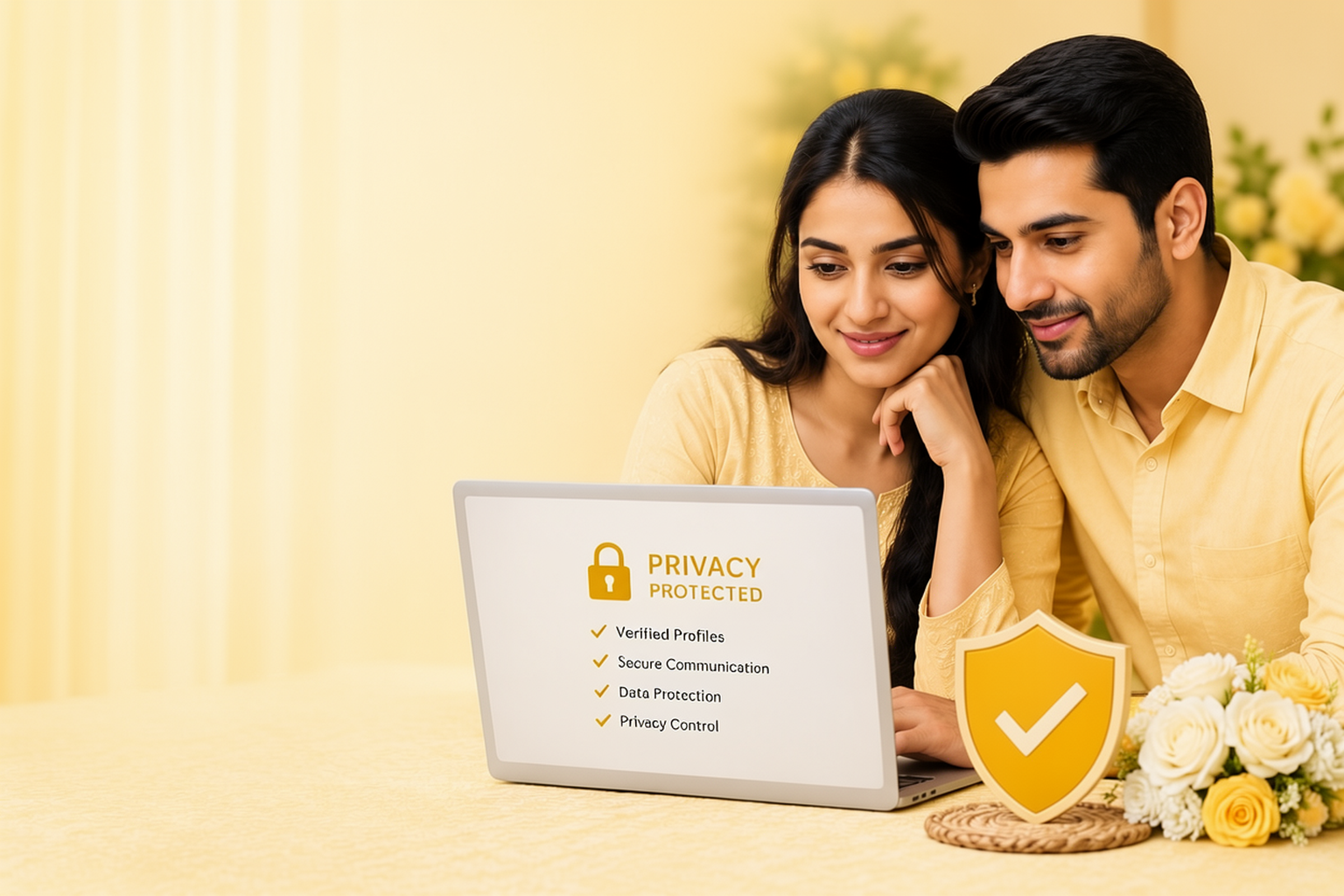 A couple sitting together using a laptop with a padlock symbolizing online security and privacy while browsing a trusted wedding proposal website for marriage proposals in Sri Lanka. The image represents secure Sri Lanka matrimony, mangala yojana, Buddhist matrimony, Liyathabara marriage proposals in Sri Lanka, Poruwa.lk, and a safe platform connecting Lanka brides and grooms