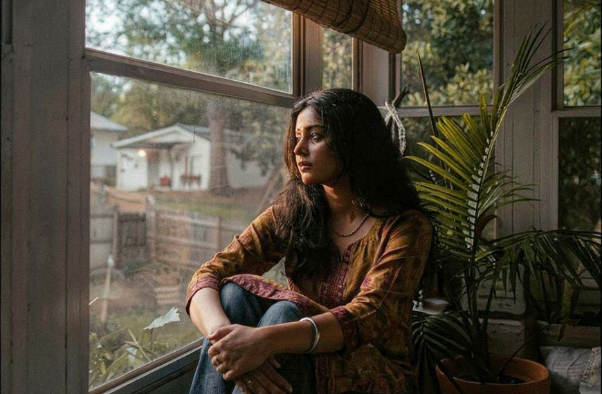 A Sri Lankan woman sitting thoughtfully on a window sill in soft natural light, reflecting on mangala yojana, marriage proposals in Sri Lanka, Sri Lankan matrimony, and finding a suitable life partner through online marriage proposals.