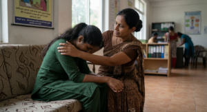 A woman gently comforting a young girl in a cozy room, providing emotional support, reassurance, and a sense of safety and care during a difficult situation.
