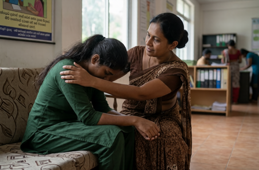 A woman gently comforting a young girl in a cozy room, providing emotional support, reassurance, and a sense of safety and care during a difficult situation.