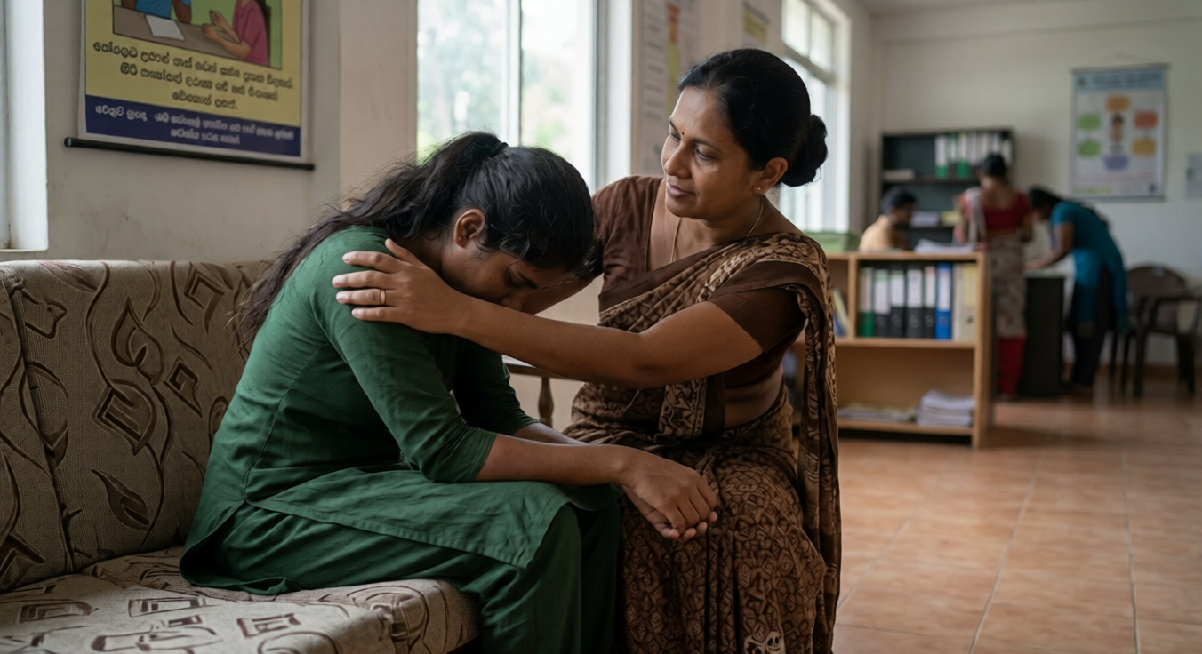 A woman gently comforting a young girl in a cozy room, providing emotional support, reassurance, and a sense of safety and care during a difficult situation.
