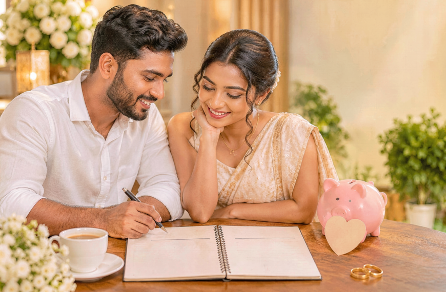 A Sri Lankan couple planning their future together by budgeting and saving money for marriage, representing financial preparation for marriage proposals in Sri Lanka and guidance from Poruwa.lk | ශ්‍රී ලාංකීය මංගල යෝජනා