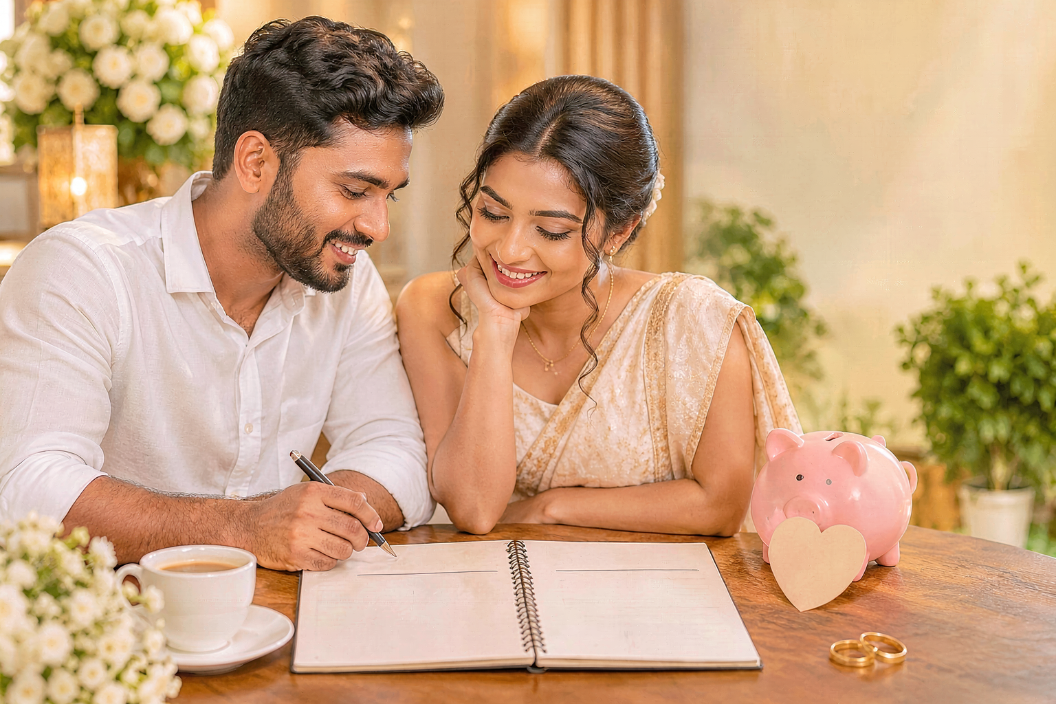 A Sri Lankan couple planning their future together by budgeting and saving money for marriage, representing financial preparation for marriage proposals in Sri Lanka and guidance from Poruwa.lk | ශ්‍රී ලාංකීය මංගල යෝජනා