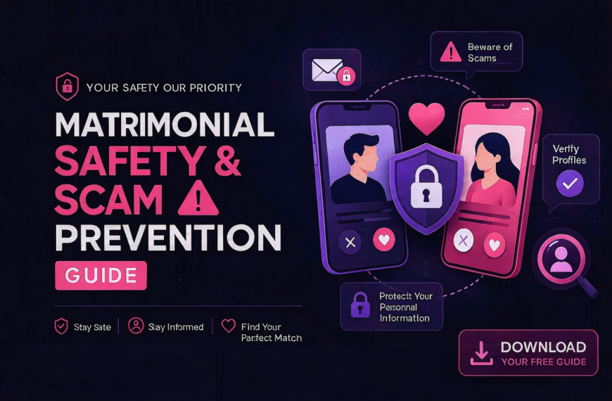Marriage safety and scam prevention guide featuring a couple protected by a shield, symbolizing secure marriage proposals, trusted matrimonial websites, and safe matrimony in Sri Lanka