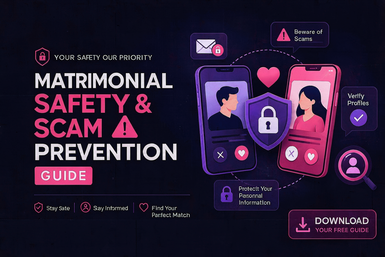 Marriage safety and scam prevention guide featuring a couple protected by a shield, symbolizing secure marriage proposals, trusted matrimonial websites, and safe matrimony in Sri Lanka