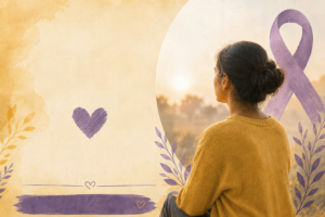 Breast cancer awareness illustration of a woman in a mustard sweater standing beside a purple breast cancer awareness ribbon, heart symbol, and lavender flowers at sunset, representing hope, strength, support, and women's health.