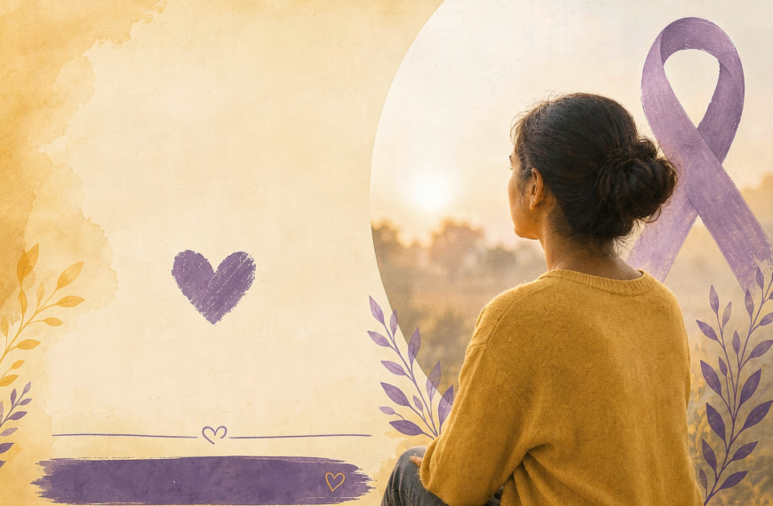 Breast cancer awareness illustration of a woman in a mustard sweater standing beside a purple breast cancer awareness ribbon, heart symbol, and lavender flowers at sunset, representing hope, strength, support, and women's health.