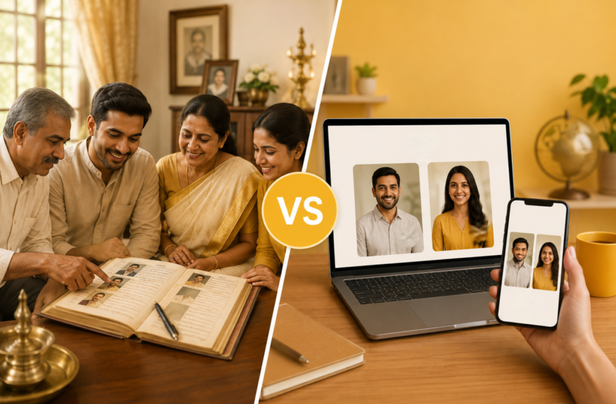 Family looking through a photo album alongside digital family photos and video calls displayed on computer screens, highlighting family connections, communication, and staying connected through modern technology.