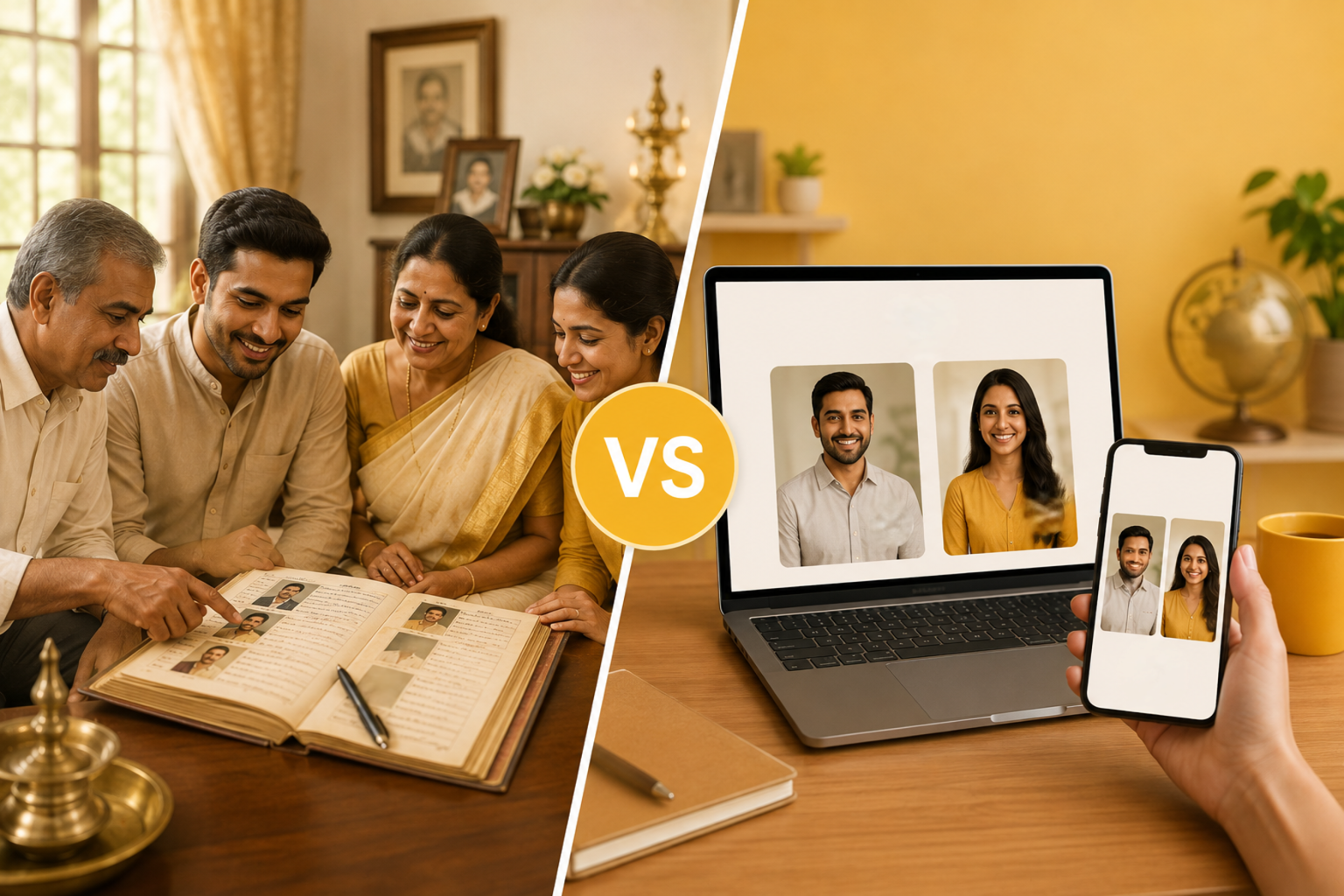 Family looking through a photo album alongside digital family photos and video calls displayed on computer screens, highlighting family connections, communication, and staying connected through modern technology.