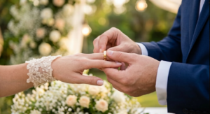 Close-up of a groom in a navy suit placing a gold ring on the bride’s finger during a wedding ceremony, surrounded by flowers and greenery, reflecting Sri Lankan wedding traditions, mangala yojana, marriage proposals in Sri Lanka, matrimony Sri Lanka, srilanka matrimony, lanka brides and grooms, Buddhist matrimony, Catholic marriage proposals, liyathabara marriage proposals in Sri Lanka, and Poruwa.lk | ශ්‍රී ලාංකීය මංගල යෝජනා.